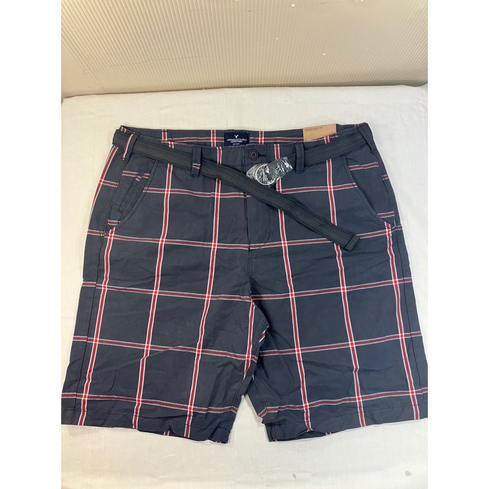 American Eagle Longboard‎ Plaid Shorts Mens 42 Navy Blue Red Belted New NWT